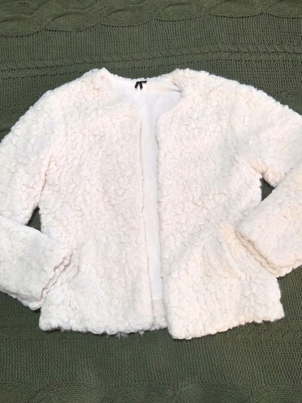 Kensie Faux Fur Jacket Open Front Shaggy Fur Sherpa White Ivory Coat